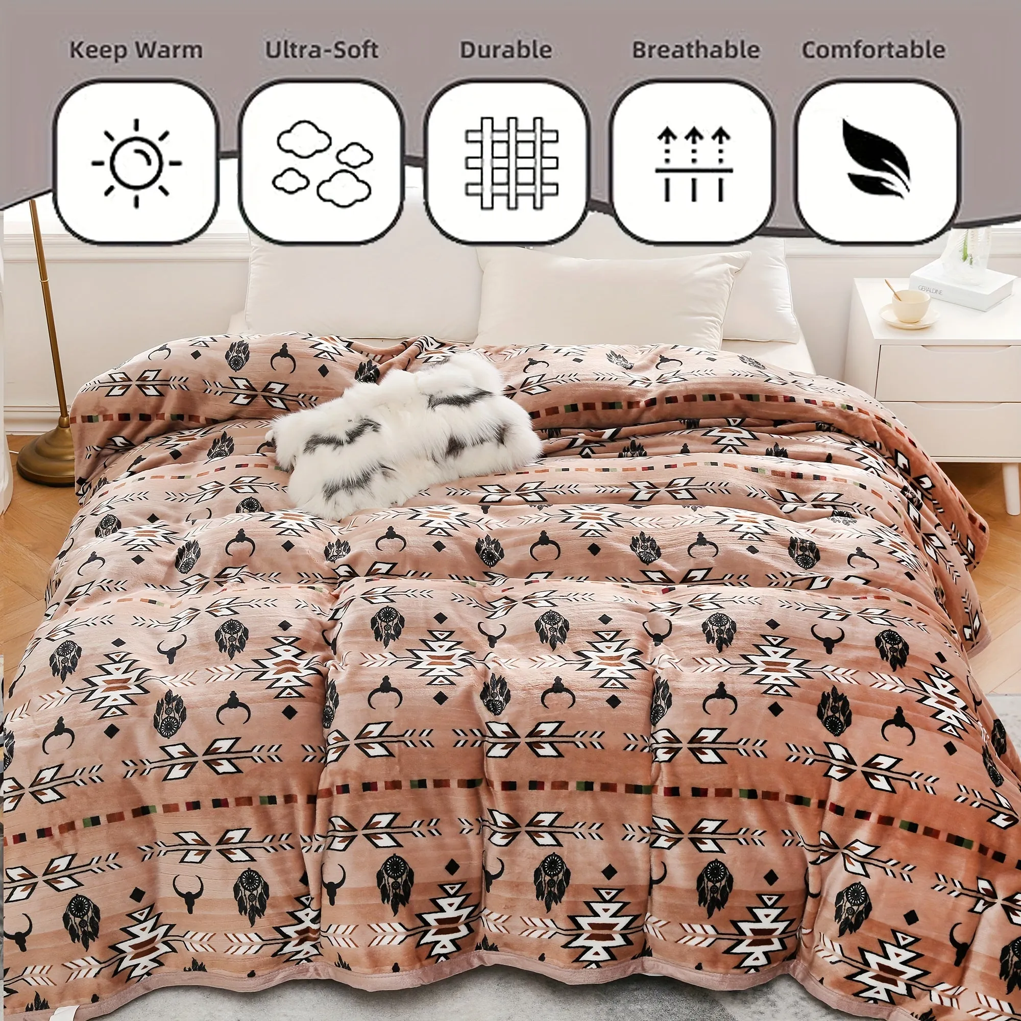 1pc 400gsm Southwestern  Style Print Blanket, Flannel Blanket, Soft Warm Throw Blanket Nap Blanket For Couch Sofa Office Bed Cam