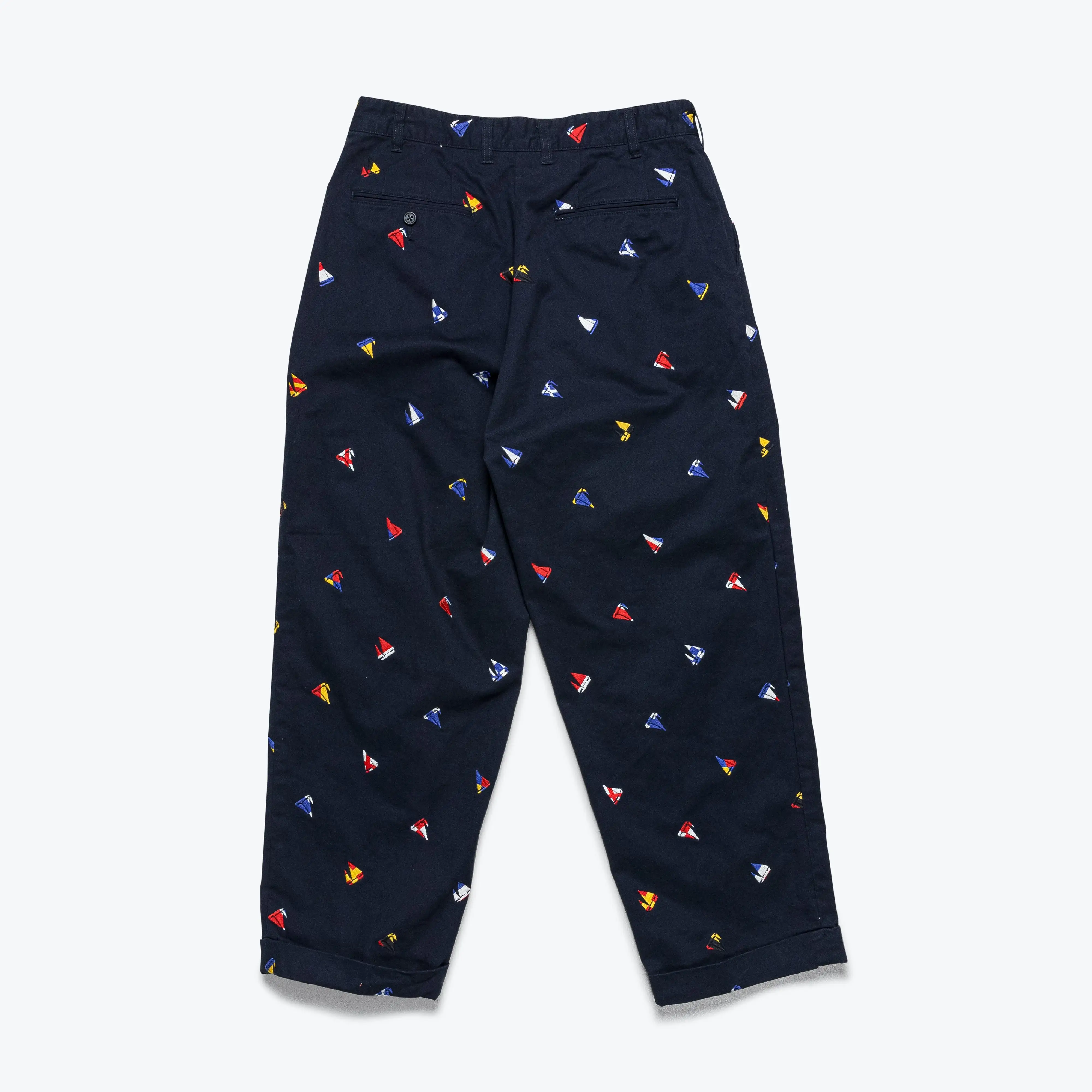 2 Pleat Trousers Embroidery On Print - Navy