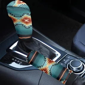 2pcs Southwest Car Accessories Set Turquoise Green Pattern Car Gear Shift Knob Cover+Handbrake Cover For Women Men Vehicle Decor