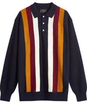 BEAMS PLUS Men's Long Sleeve Stripe Knit Polo