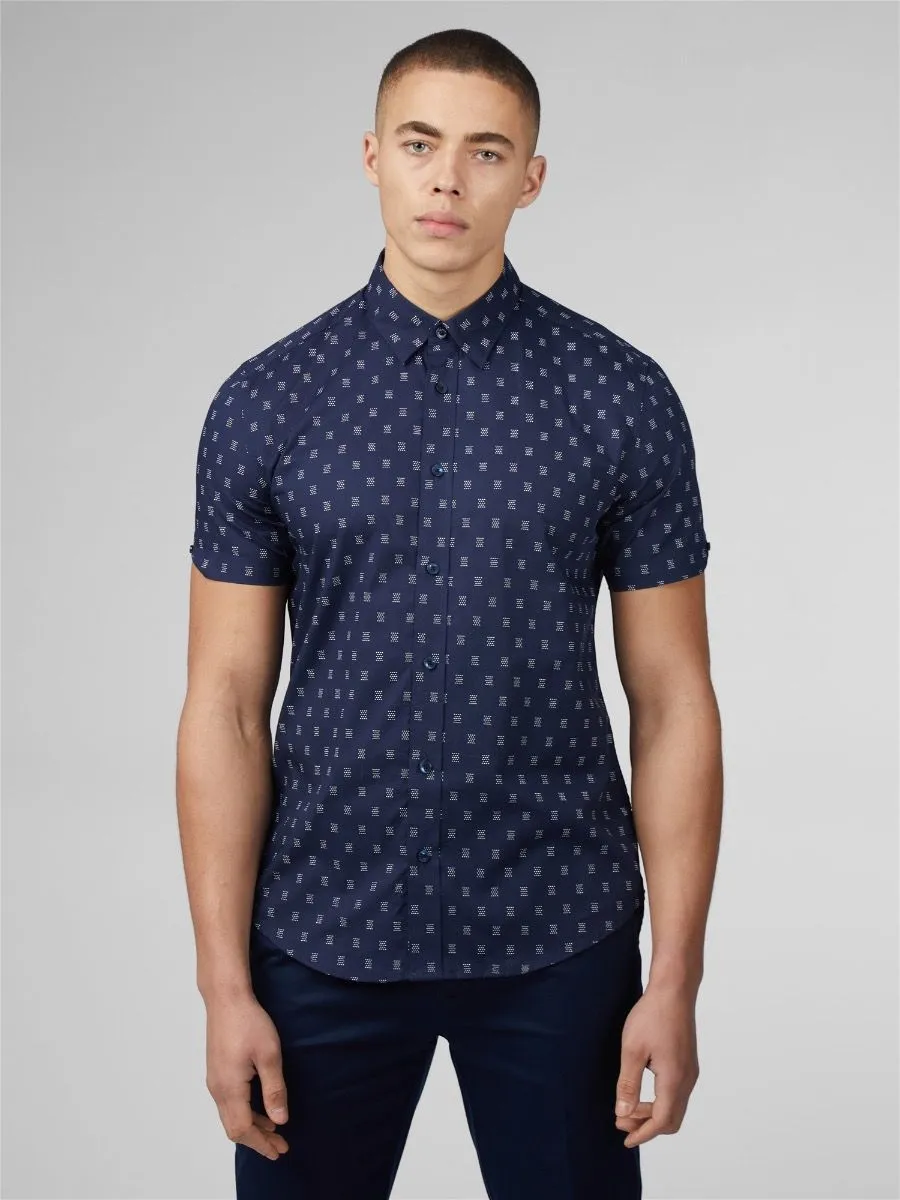 Ben Sherman Short Sleeve Geo Print Stipple Shirt Dark Navy