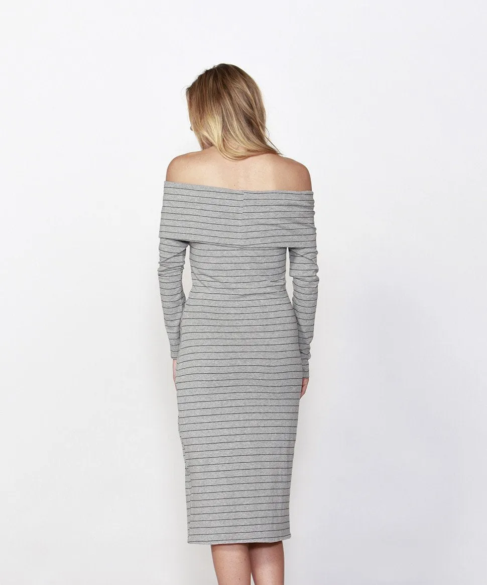 Betty Basics - Alexis Dress Off the Shoulder Grey Stripe