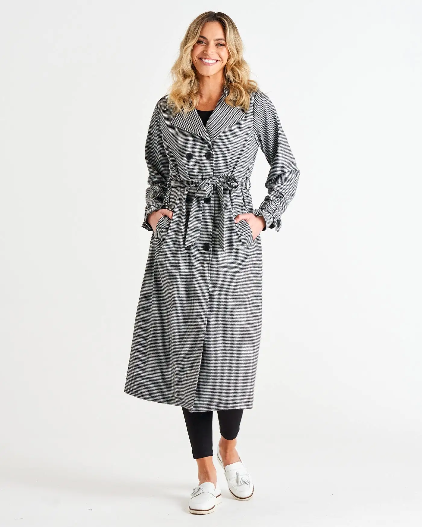 Betty Basics Ponte Trench Coat - Black Houndstooth