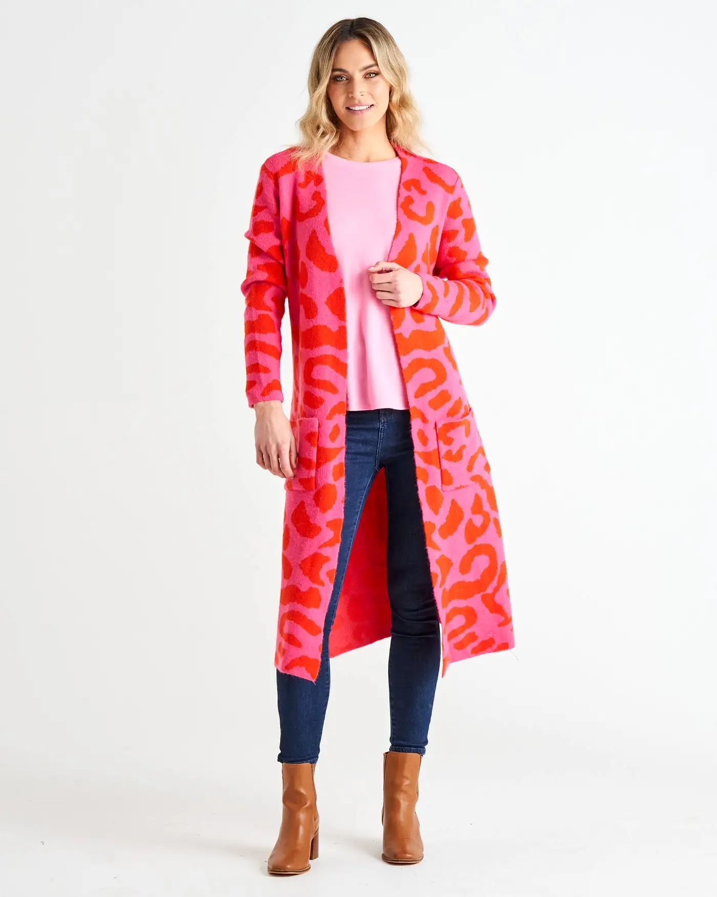 Betty Basics Swift Cardigan Pink/Red Cheetah Print