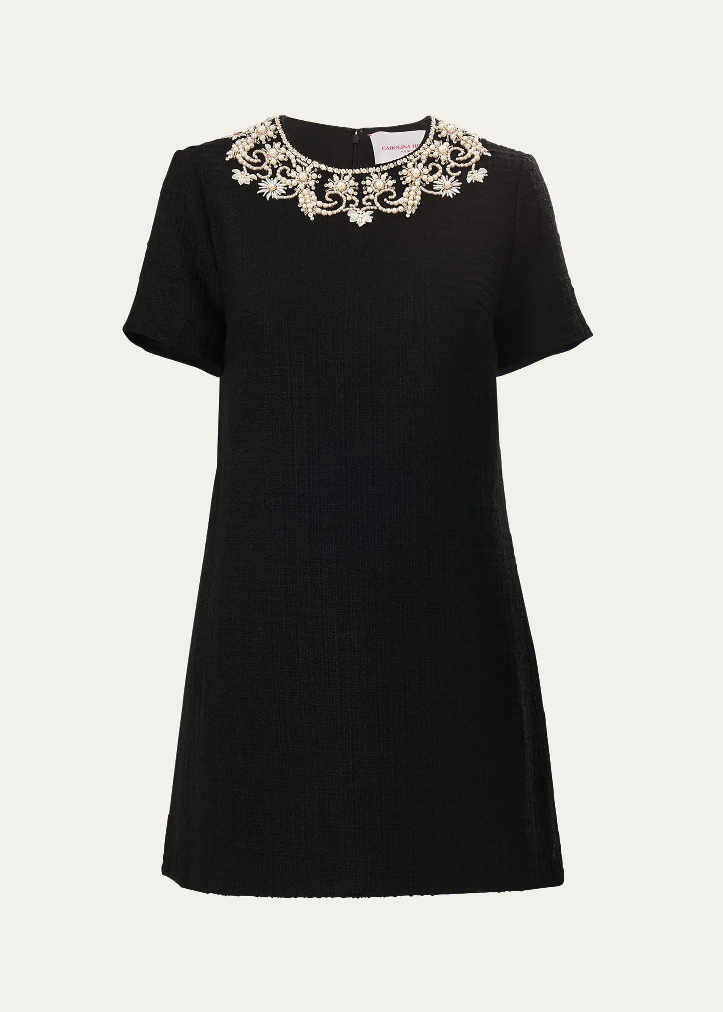 Carolina Herrera Embellished Short-Sleeve Tweed Mini Dress