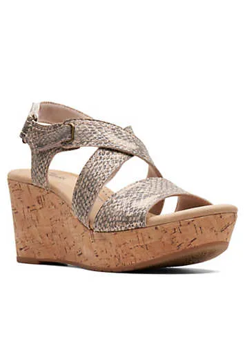 Clarks Collection Rose Way Beige Metallic Wedge Sandals | Kaleidoscope