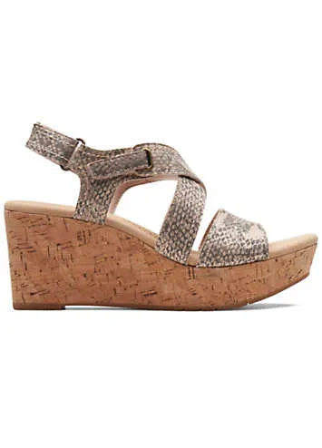 Clarks Collection Rose Way Beige Metallic Wedge Sandals | Kaleidoscope