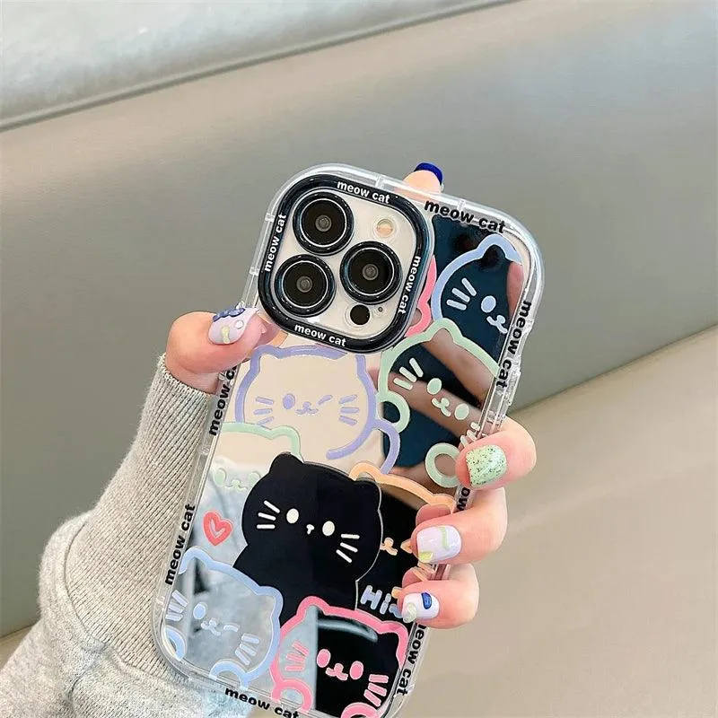 Cute Cat Plating Mirror Painted Lines Phone Case for iPhone 11, 12, 13, 14, 15 Pro, and Pro Max