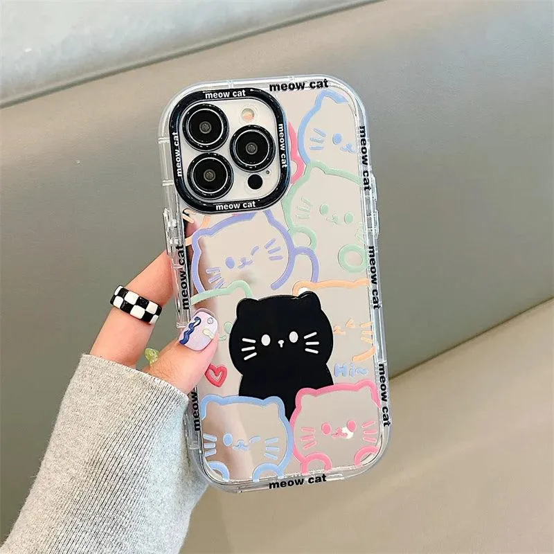 Cute Cat Plating Mirror Painted Lines Phone Case for iPhone 11, 12, 13, 14, 15 Pro, and Pro Max