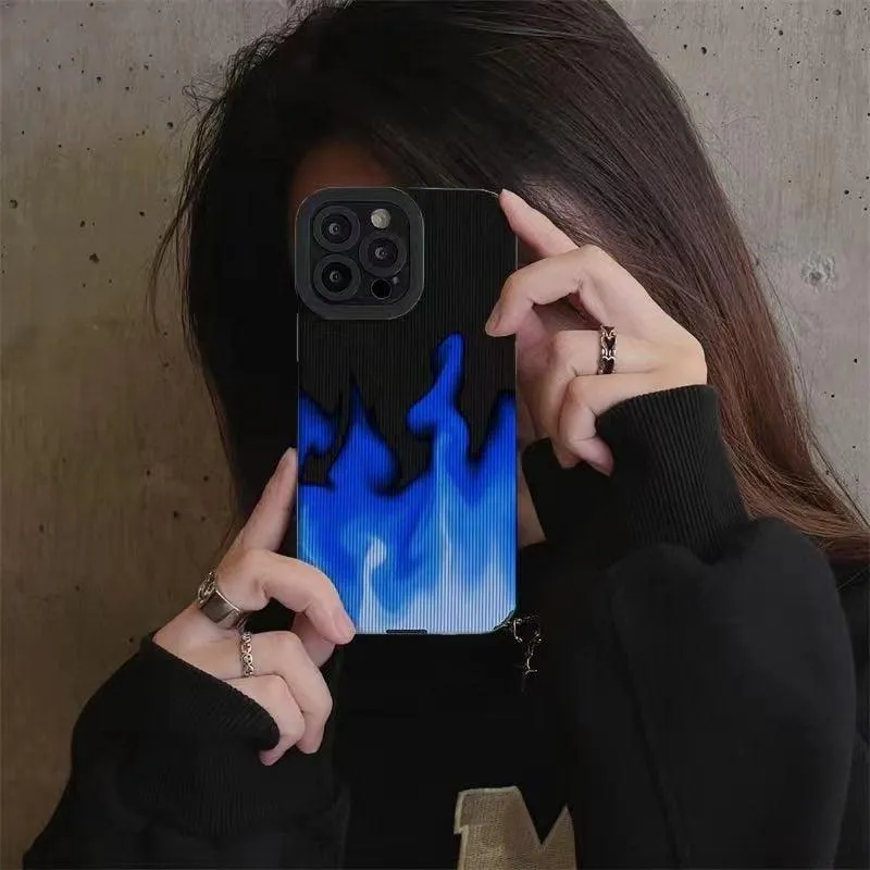 Cute Gradient Blue Fire Phone Case for iPhone 14, 13, 11, 12 Pro, XS Max, Mini, 6, 7, 8 Plus, X, XR - Cover