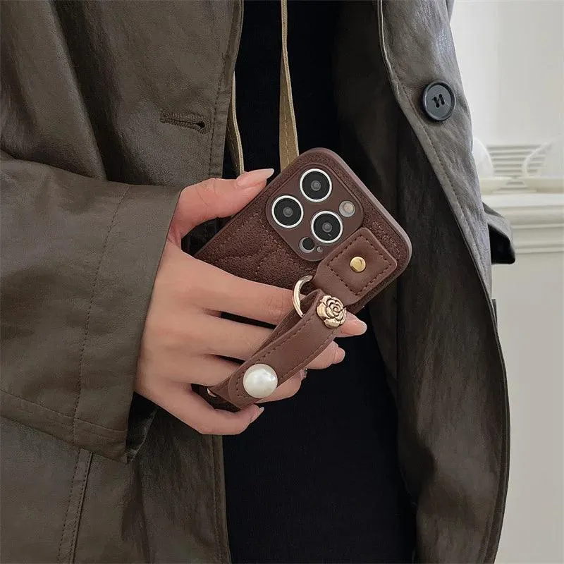 Cute Leather Phone Case with Fashion Wrist Strap for iPhone 11, 12, 13, 14, 15 Pro Max, XS, XR, X, and 15 Plus