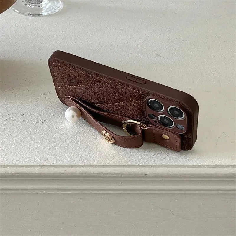 Cute Leather Phone Case with Fashion Wrist Strap for iPhone 11, 12, 13, 14, 15 Pro Max, XS, XR, X, and 15 Plus