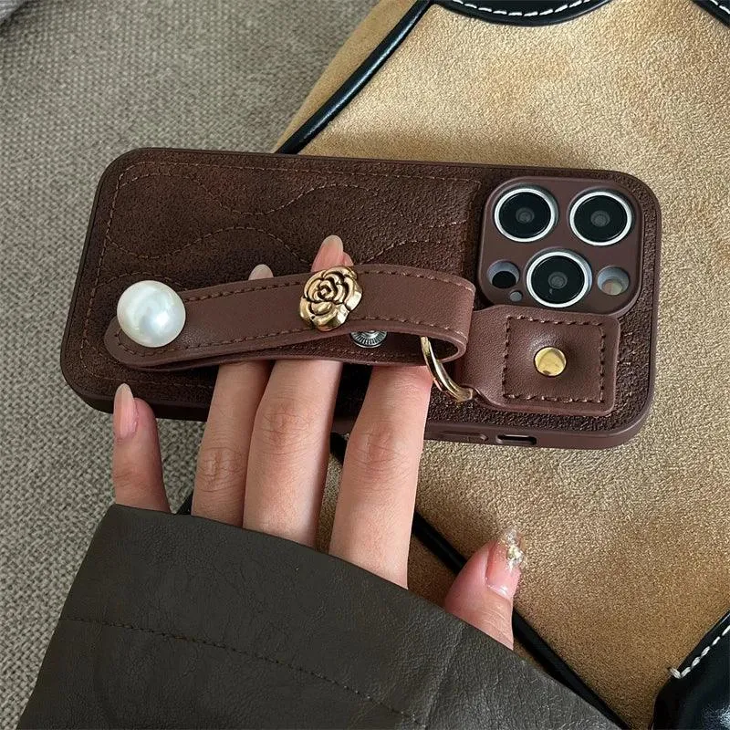 Cute Leather Phone Case with Fashion Wrist Strap for iPhone 11, 12, 13, 14, 15 Pro Max, XS, XR, X, and 15 Plus