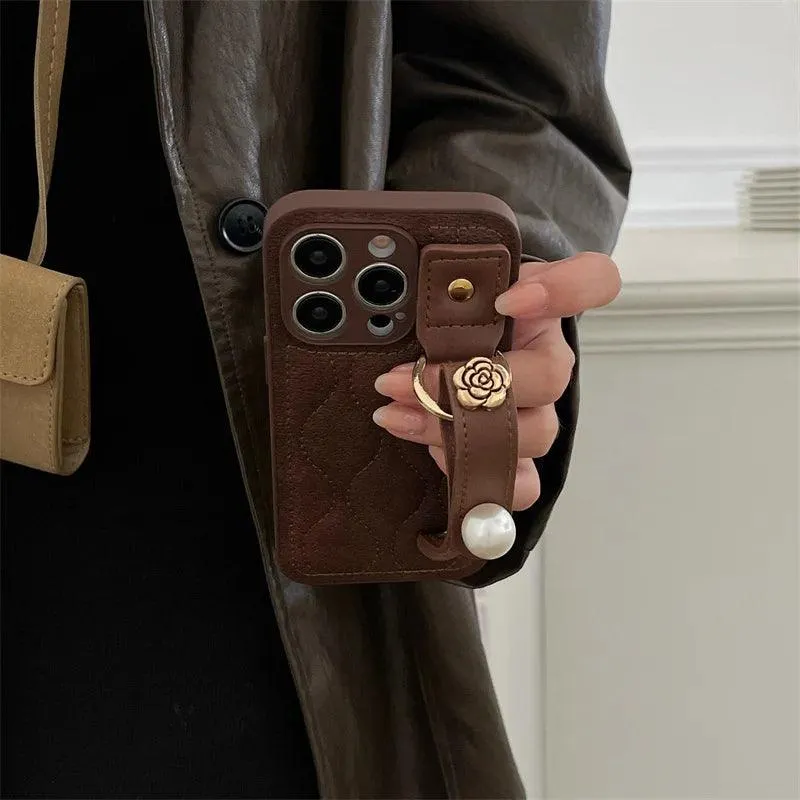 Cute Leather Phone Case with Fashion Wrist Strap for iPhone 11, 12, 13, 14, 15 Pro Max, XS, XR, X, and 15 Plus