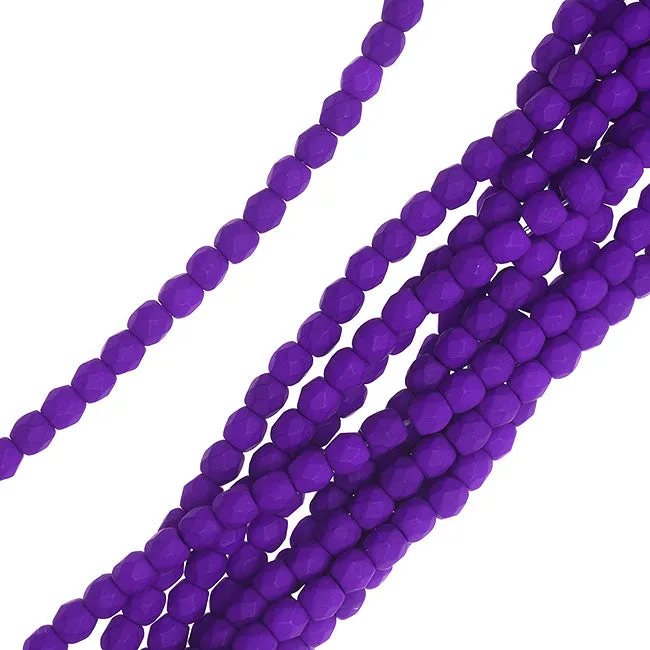 Czech Fire Polished Glass, 3mm Faceted Round Beads, Dark Neon Purple (50 Piece Strand)