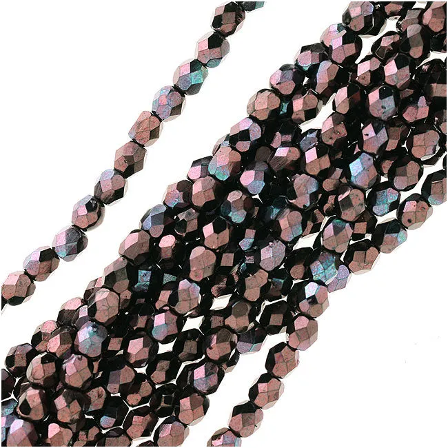 Czech Fire Polished Glass Beads 4mm Round 'Metallic Amethyst Luster' (50 pcs)