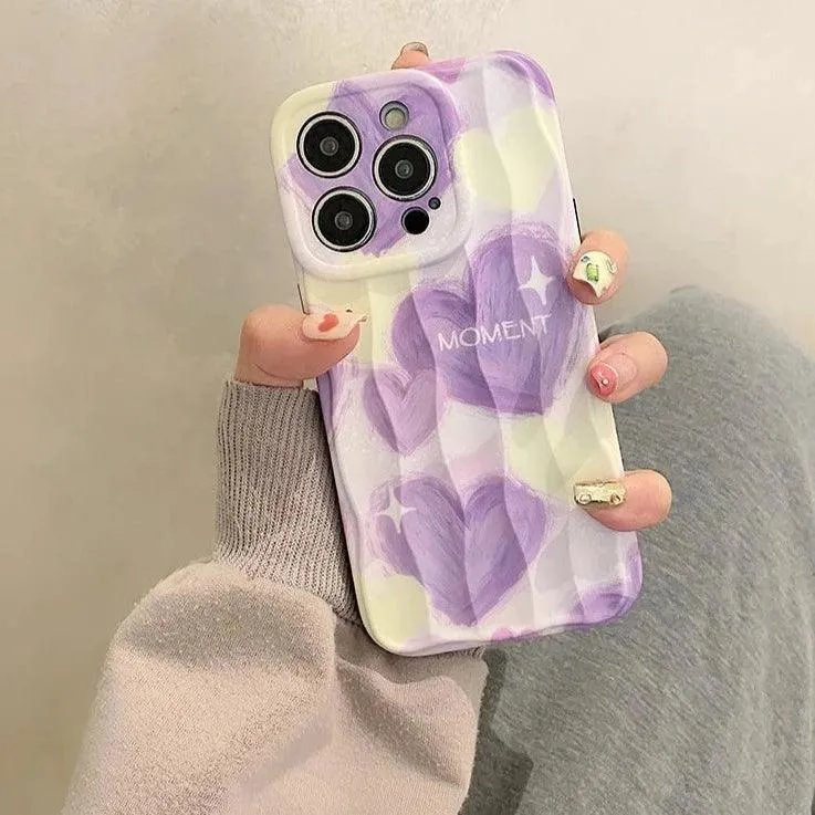 Dream Purple Heart Pattern Wave Cute Phone Case for iPhone 11-15 Pro Max