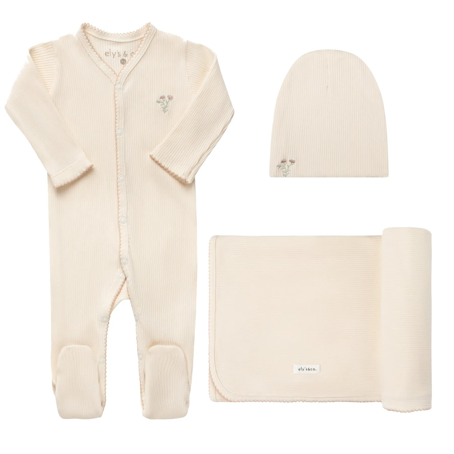 Ely's and Co Ivory/Sage Embroidered Ginkgo Layette Set Gift Box