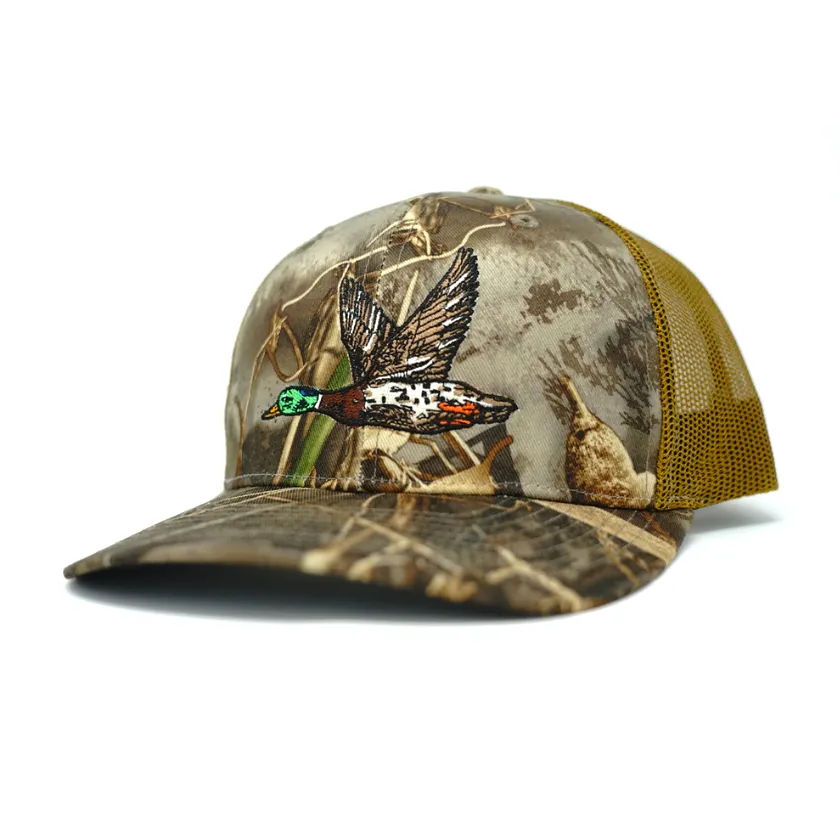 Embroidered Mallard Snapback Camo Hunting Hat - Old School Camo Marsh/Sand