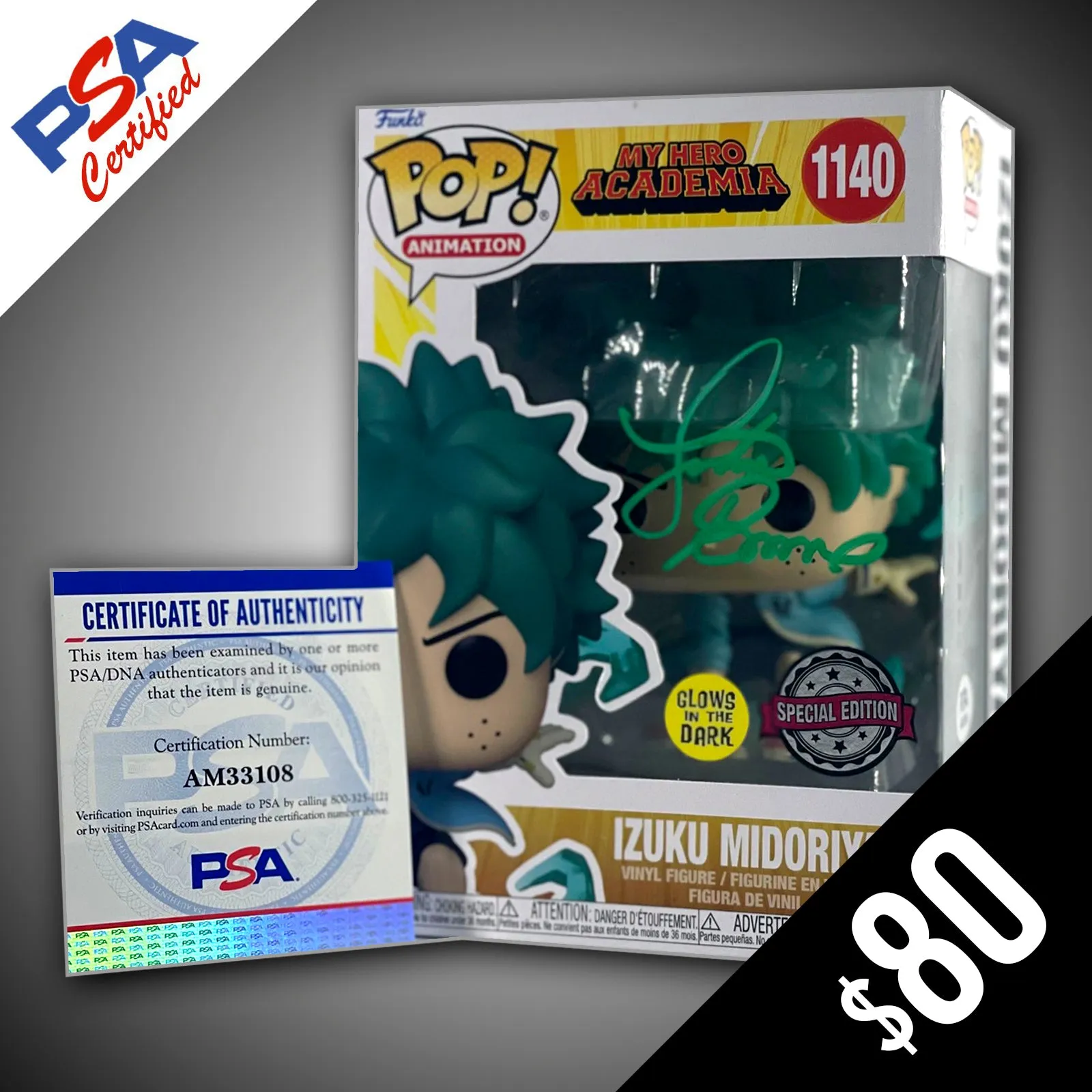 Funko Pop! - My Hero Academia: Deku GITD #1140 SIGNED by Justin Briner (PSA Certified)