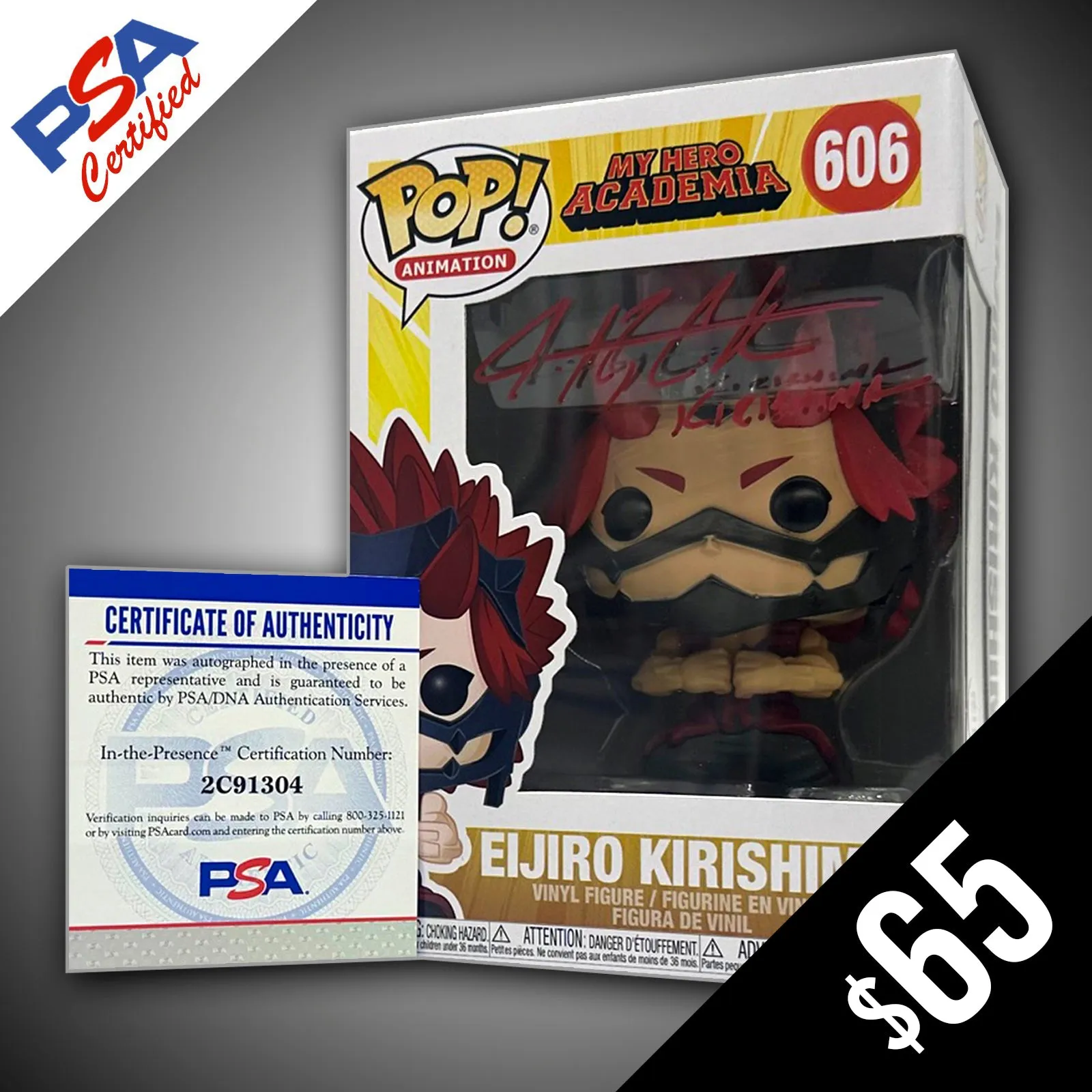 Funko Pop! My Hero Academia: Eijiro Kirishima #606 - SIGNED by Justin Cook (PSA Certified)