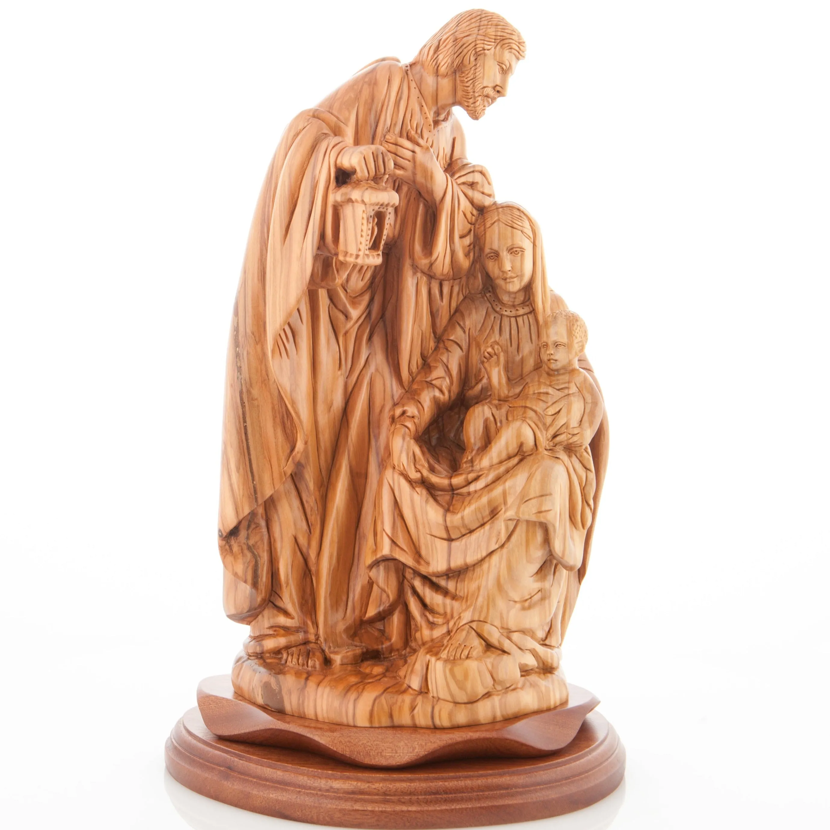 Holy Family Holding Lamp Statue 13, Olive Wood Carved Sculpture from the Holy Land