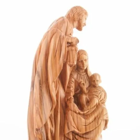 Holy Family Holding Lamp Statue 13, Olive Wood Carved Sculpture from the Holy Land