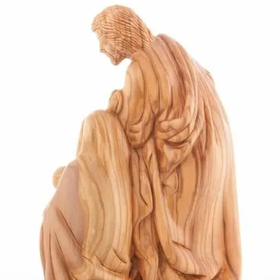 Holy Family Holding Lamp Statue 13, Olive Wood Carved Sculpture from the Holy Land