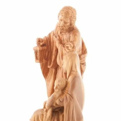 Holy Family Holding Lamp Statue 13, Olive Wood Carved Sculpture from the Holy Land