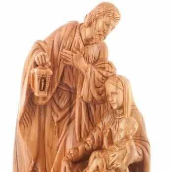 Holy Family Holding Lamp Statue 13, Olive Wood Carved Sculpture from the Holy Land