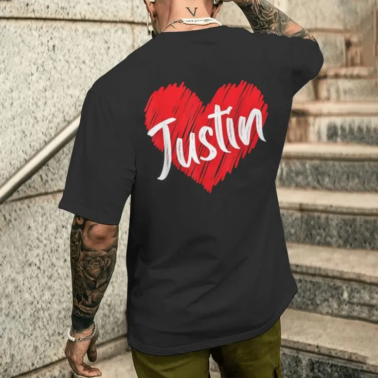 I Love Justin Heart Personalized Name Justin Men's T-shirt Back Print