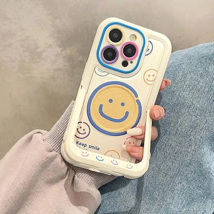 Invisible Bracket Cartoon Smile Leather Cute Phone Case for iPhone 11-15 Pro Max Plus