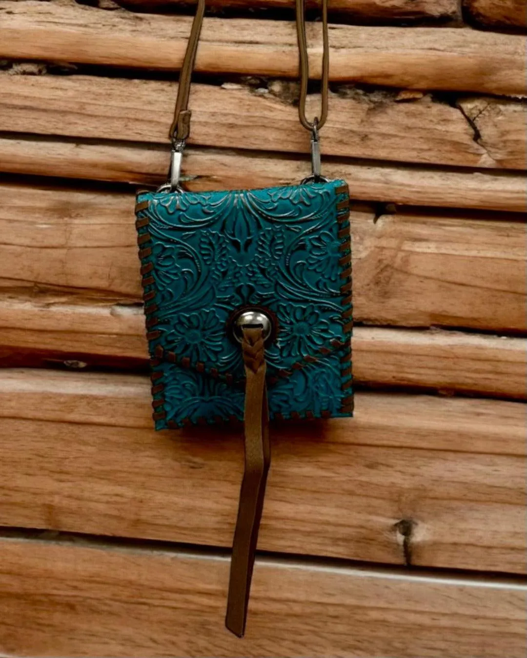 Justin Tooled Turquoise Saddle Pouch w/Whipstitch Crossbody Wallet Purse 24020954