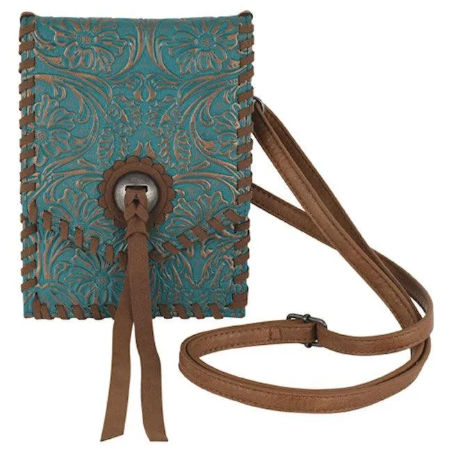 Justin Tooled Turquoise Saddle Pouch w/Whipstitch Crossbody Wallet Purse 24020954