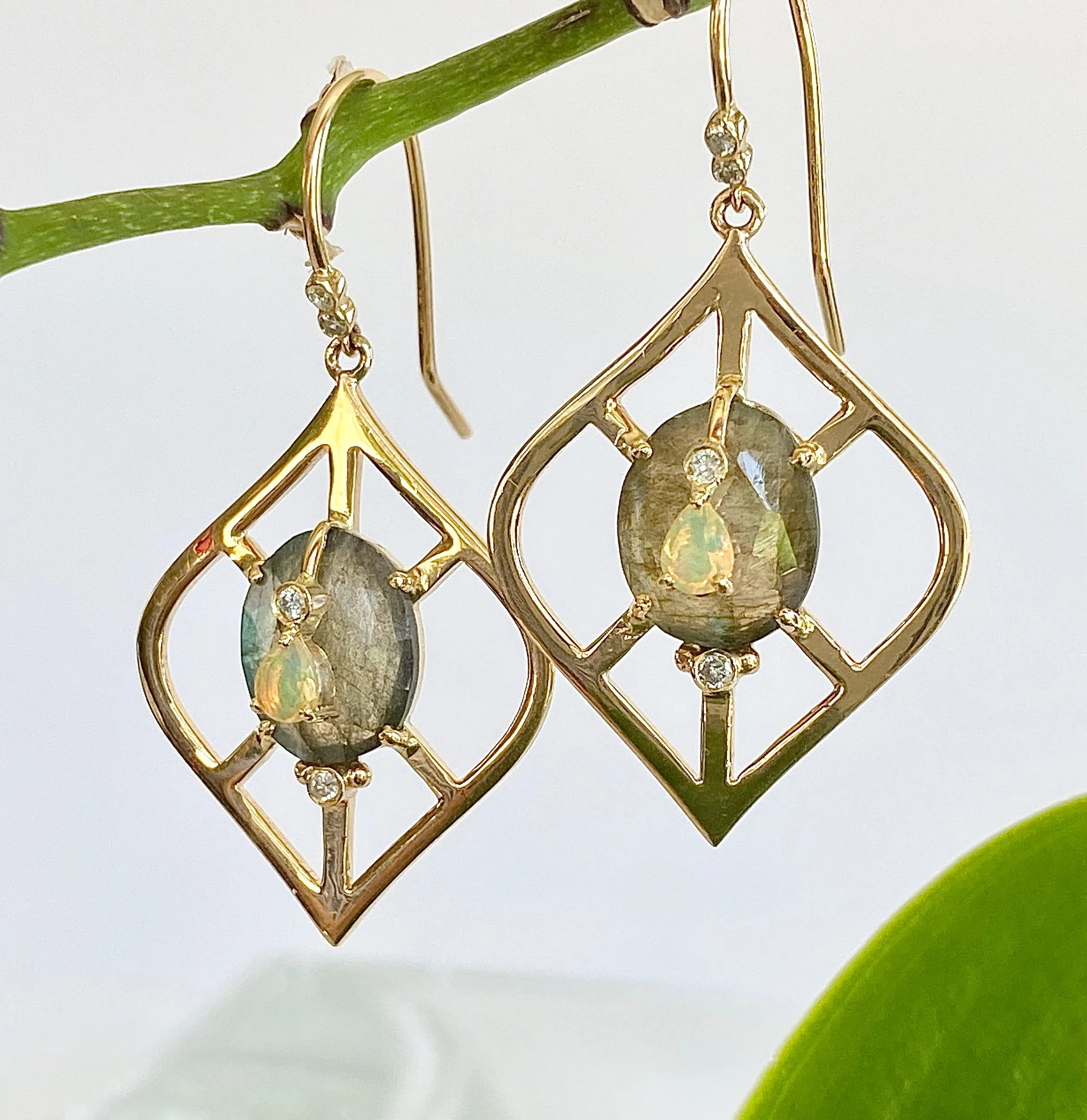 Lantern Shape Earrings with Labradorite and Ethiopian Opal