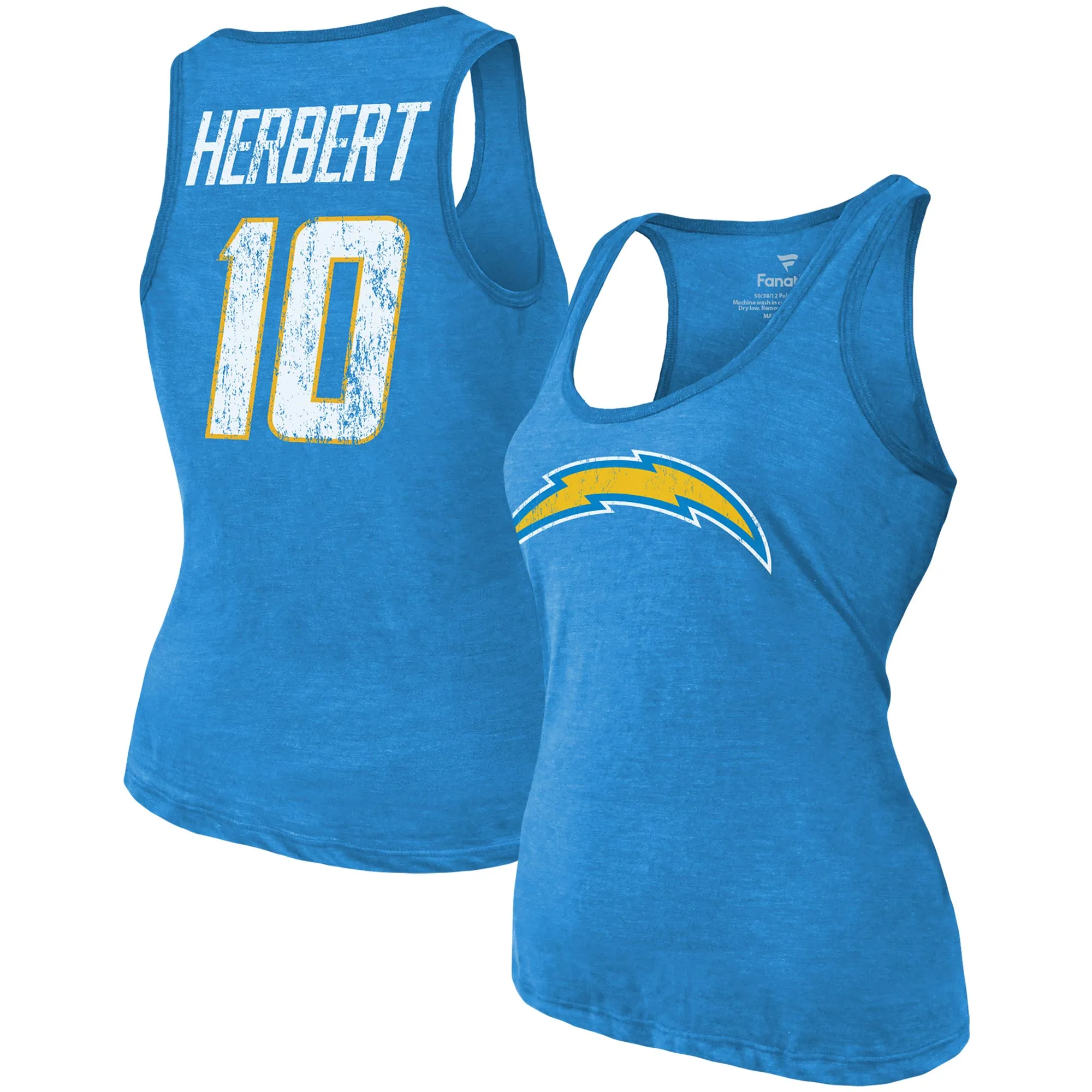 Lids Women's Majestic Threads Justin Herbert Heathered Powder Blue Los Angeles Chargers Name & Number Tri-Blend Tank To