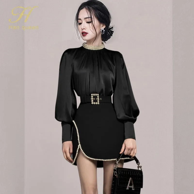 Office Ladies Lantern Sleeve Top High Waist Bodycon Pencil Skirts Set