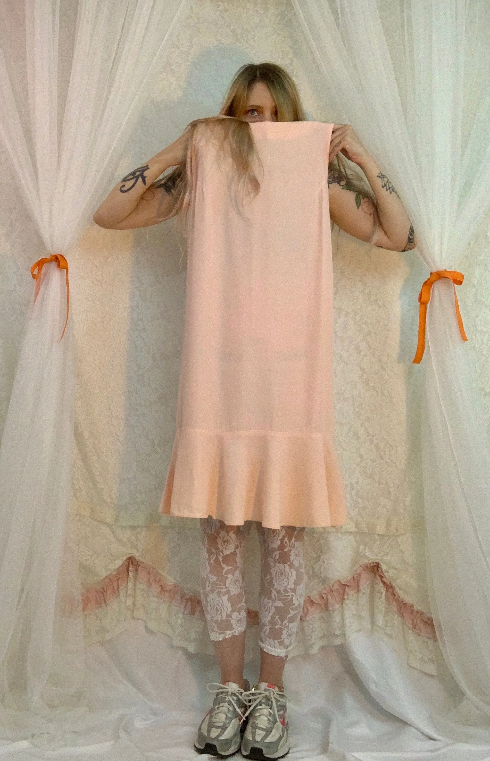 Peach ruffle hem box dress