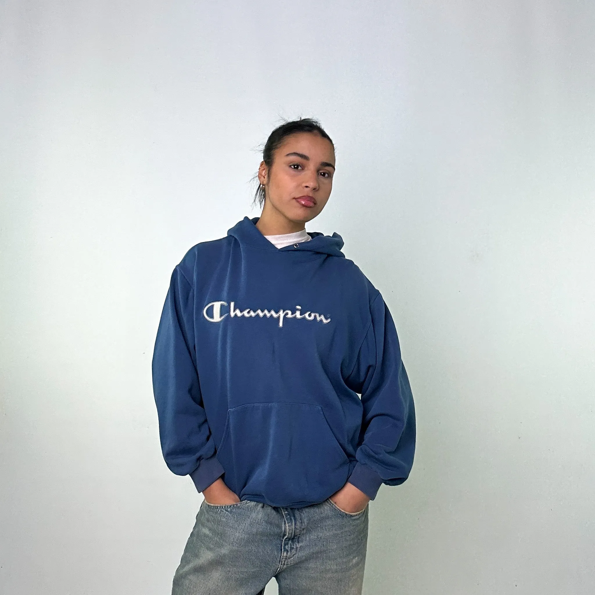 Petrol Blue 90s Champion Spellout Sweatshirt Hoodie (L)