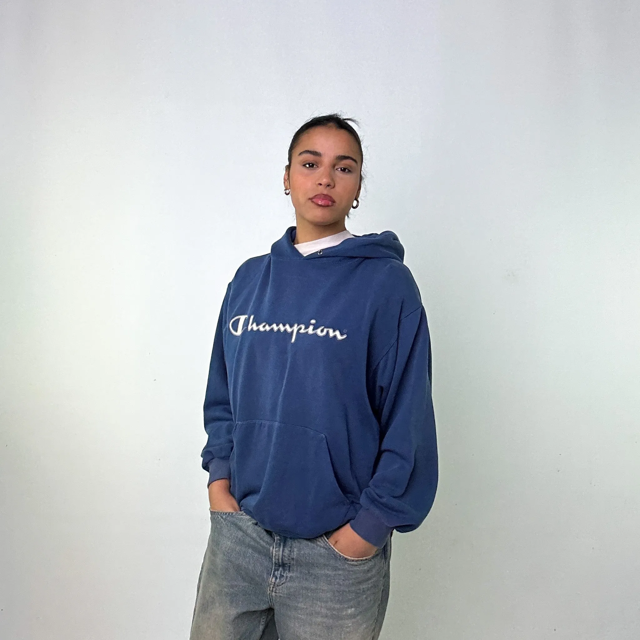 Petrol Blue 90s Champion Spellout Sweatshirt Hoodie (L)