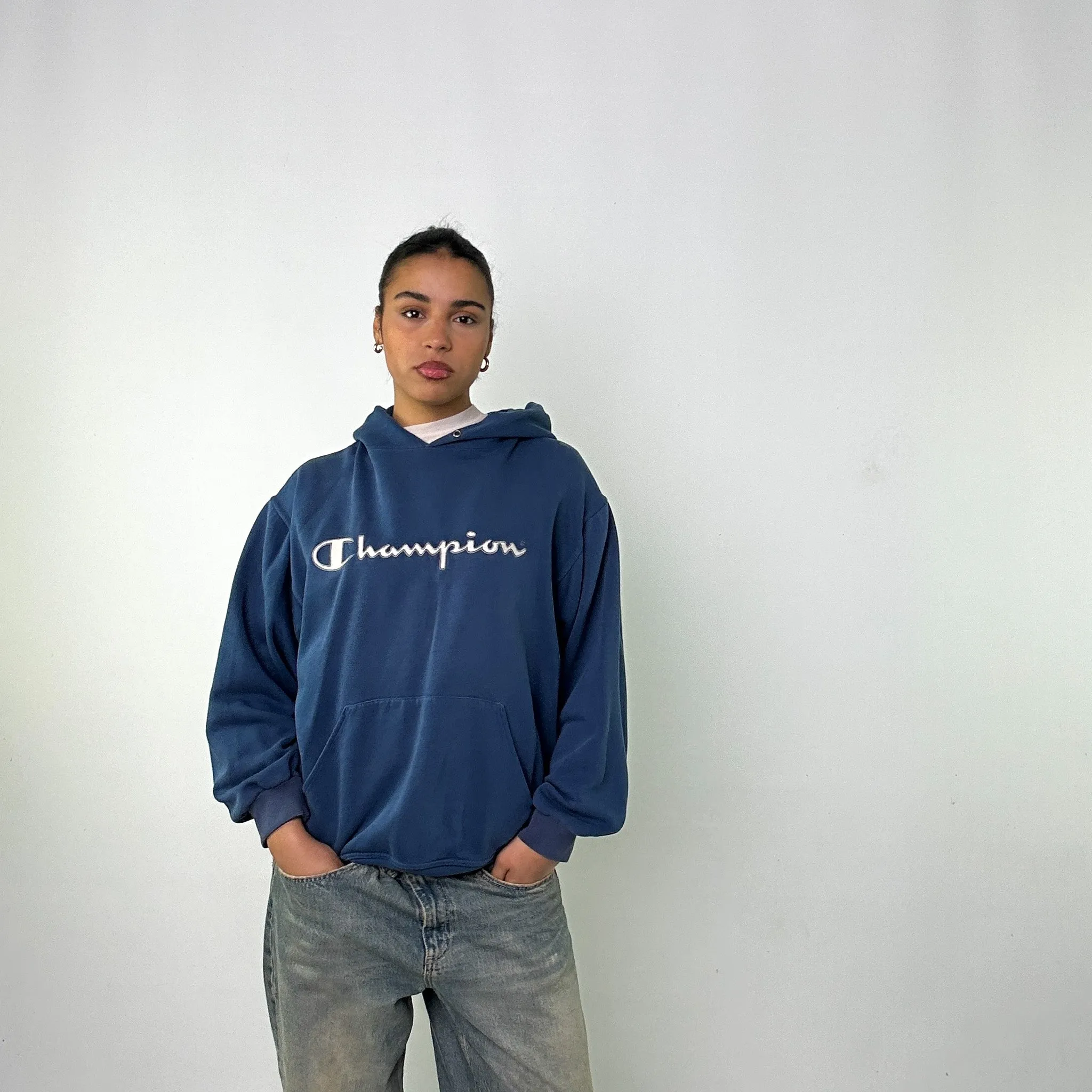 Petrol Blue 90s Champion Spellout Sweatshirt Hoodie (L)