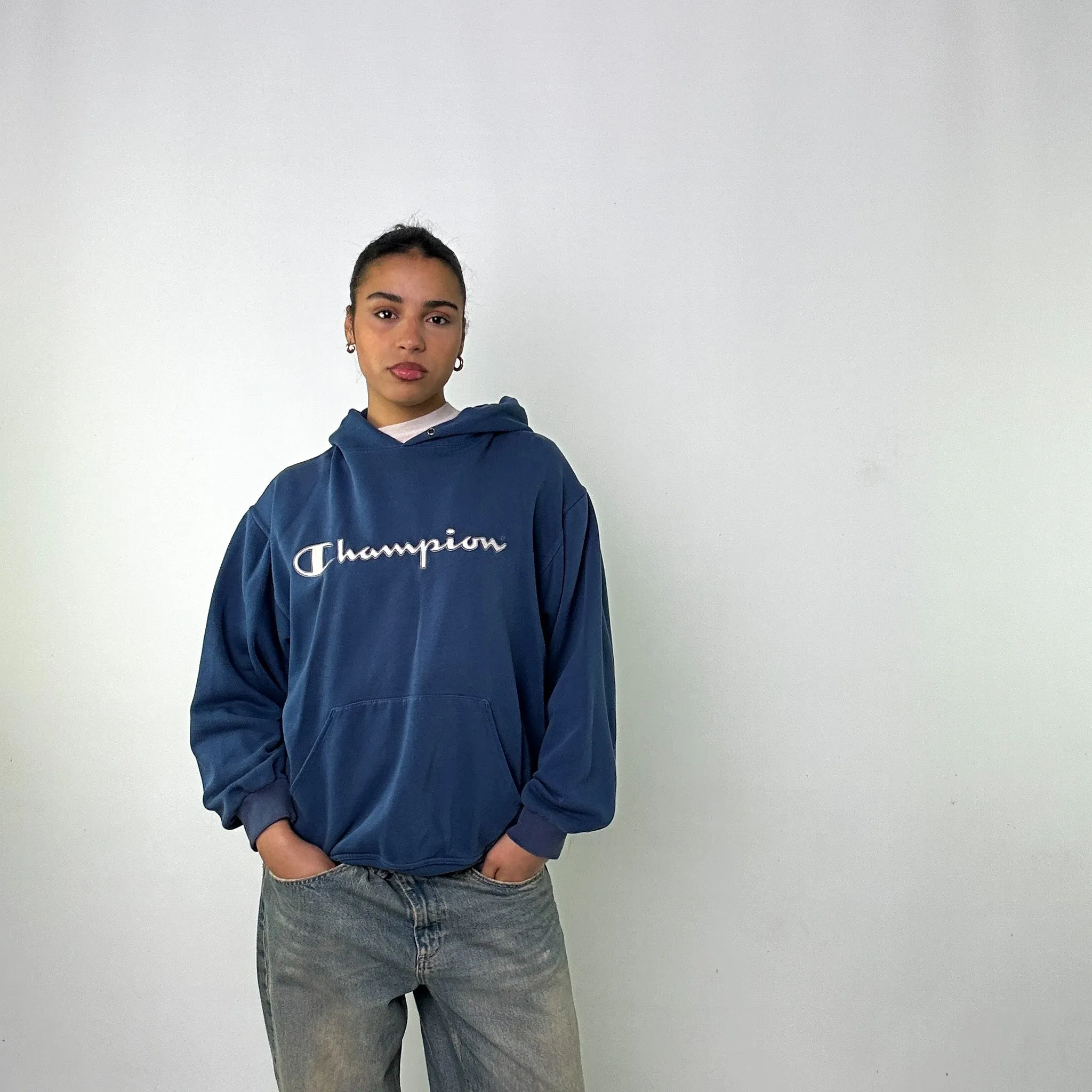 Petrol Blue 90s Champion Spellout Sweatshirt Hoodie (L)