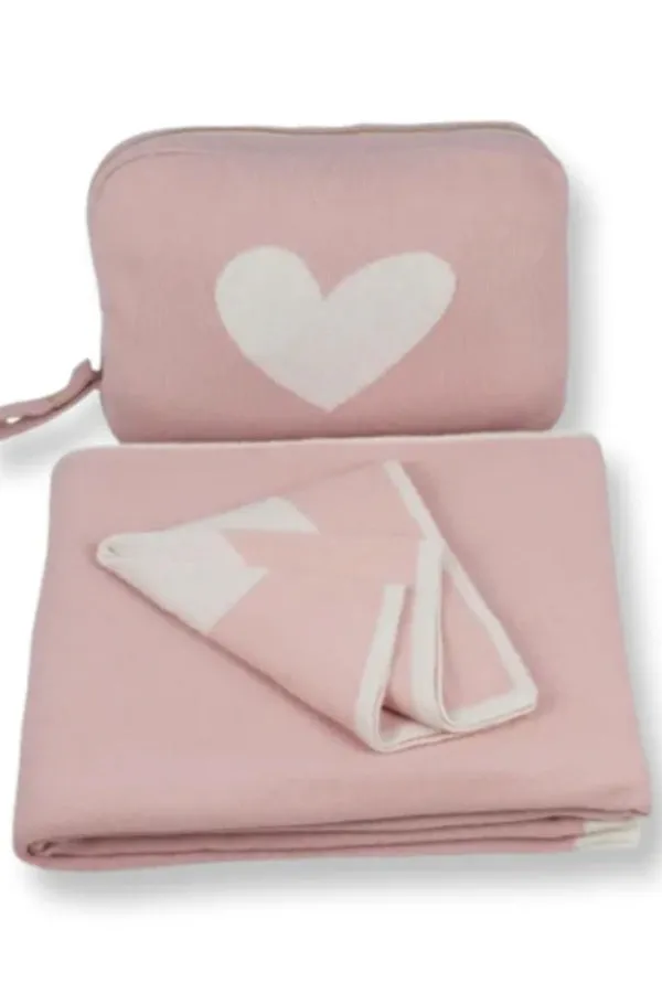 Pink Lemonade Heart Baby Girl Pink/Ivory Blanket, Pouch and Burp Cloth Set