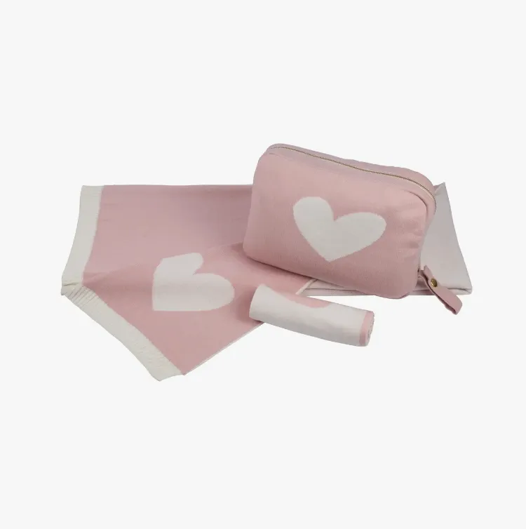 Pink Lemonade Heart Baby Girl Pink/Ivory Blanket, Pouch and Burp Cloth Set