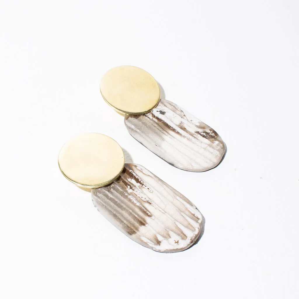 Reeded Oval Drop Earrings - Raku + Brass