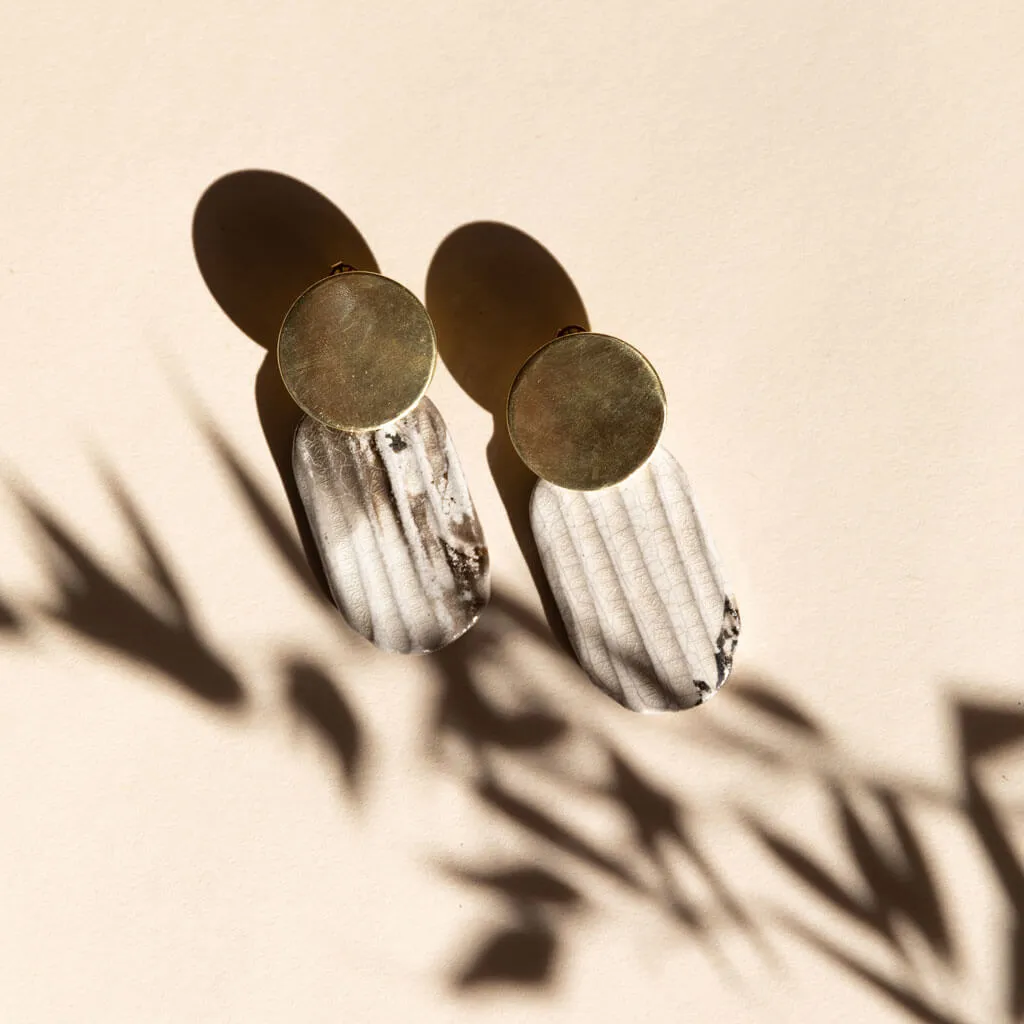 Reeded Oval Drop Earrings - Raku + Brass