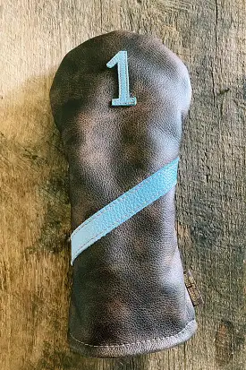 Single Barrel collection leather golf Headcover in Cigar / Williamsburg Carolina Blue