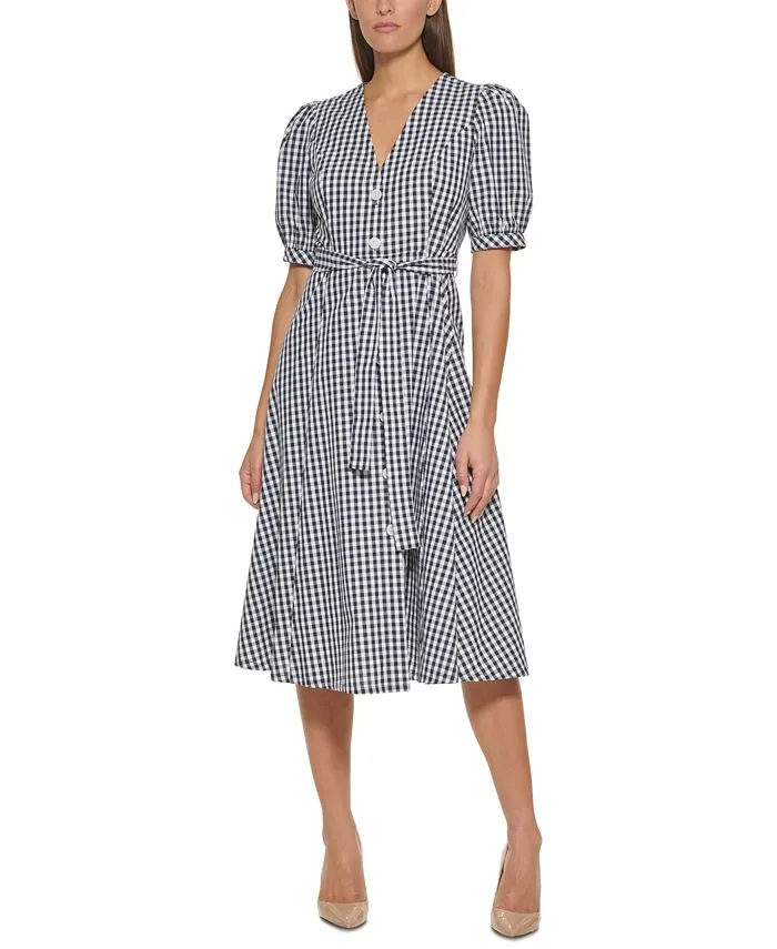 Tommy Hilfiger Women's Gingham Elbow Sleeves Midi Dress Blue Size 2