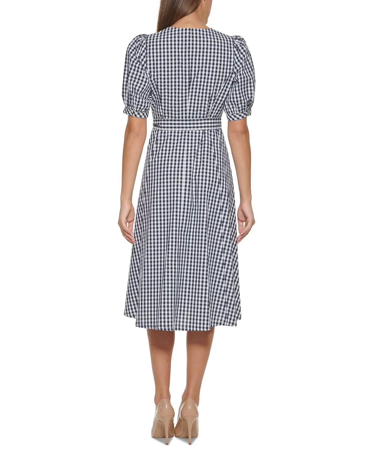 Tommy Hilfiger Women's Gingham Elbow Sleeves Midi Dress Blue Size 2