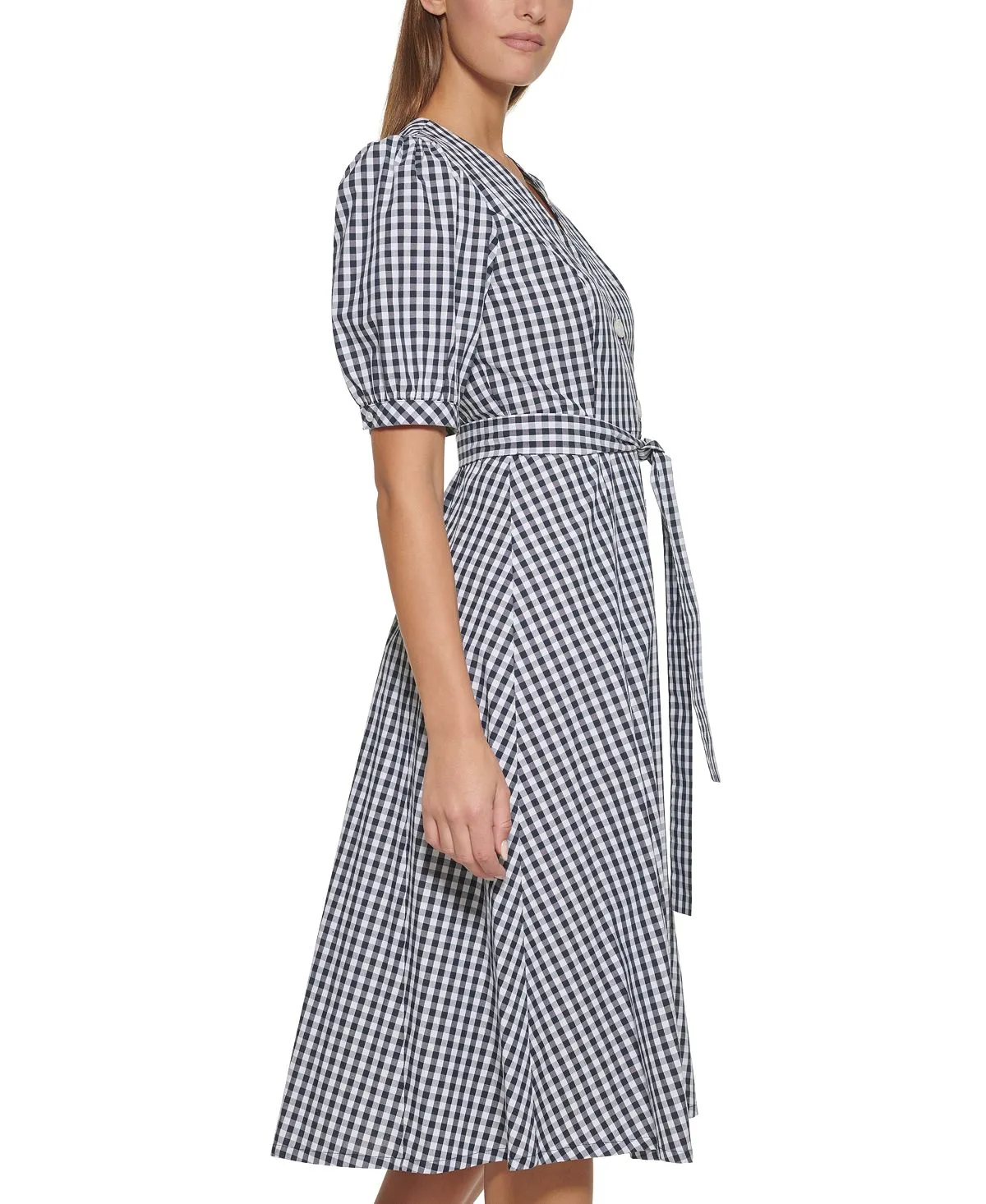 Tommy Hilfiger Women's Gingham Elbow Sleeves Midi Dress Blue Size 2